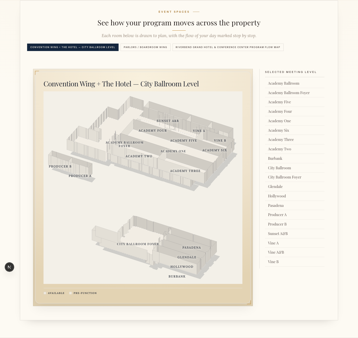The CatchyProposals map band: a branded vector floor plan with event spaces drawn to plan and the day's program listed beside it