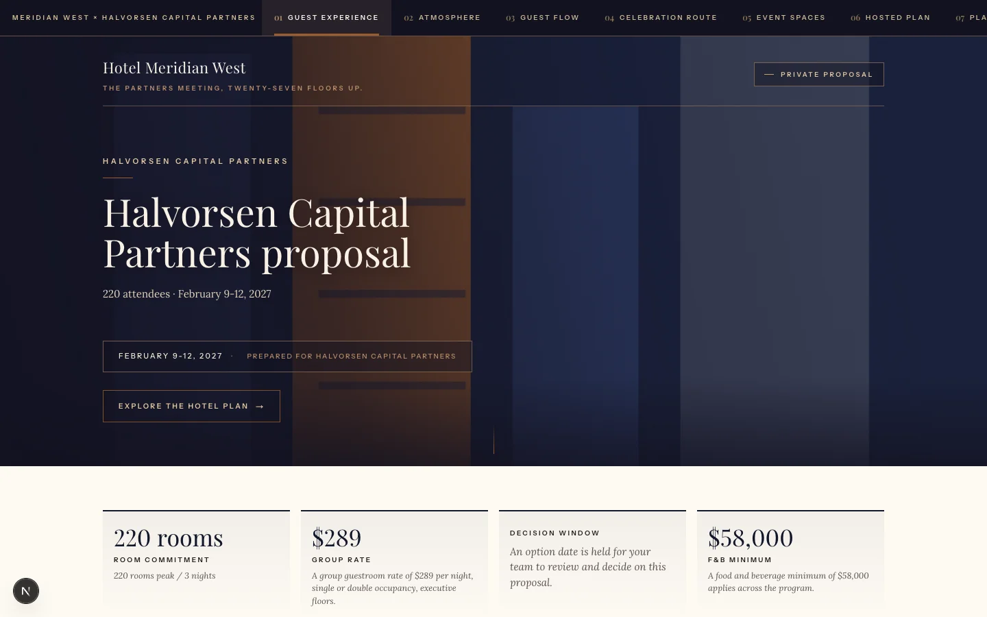A proposal page wearing the Hotel Meridian West skin: urban tower palette and composition