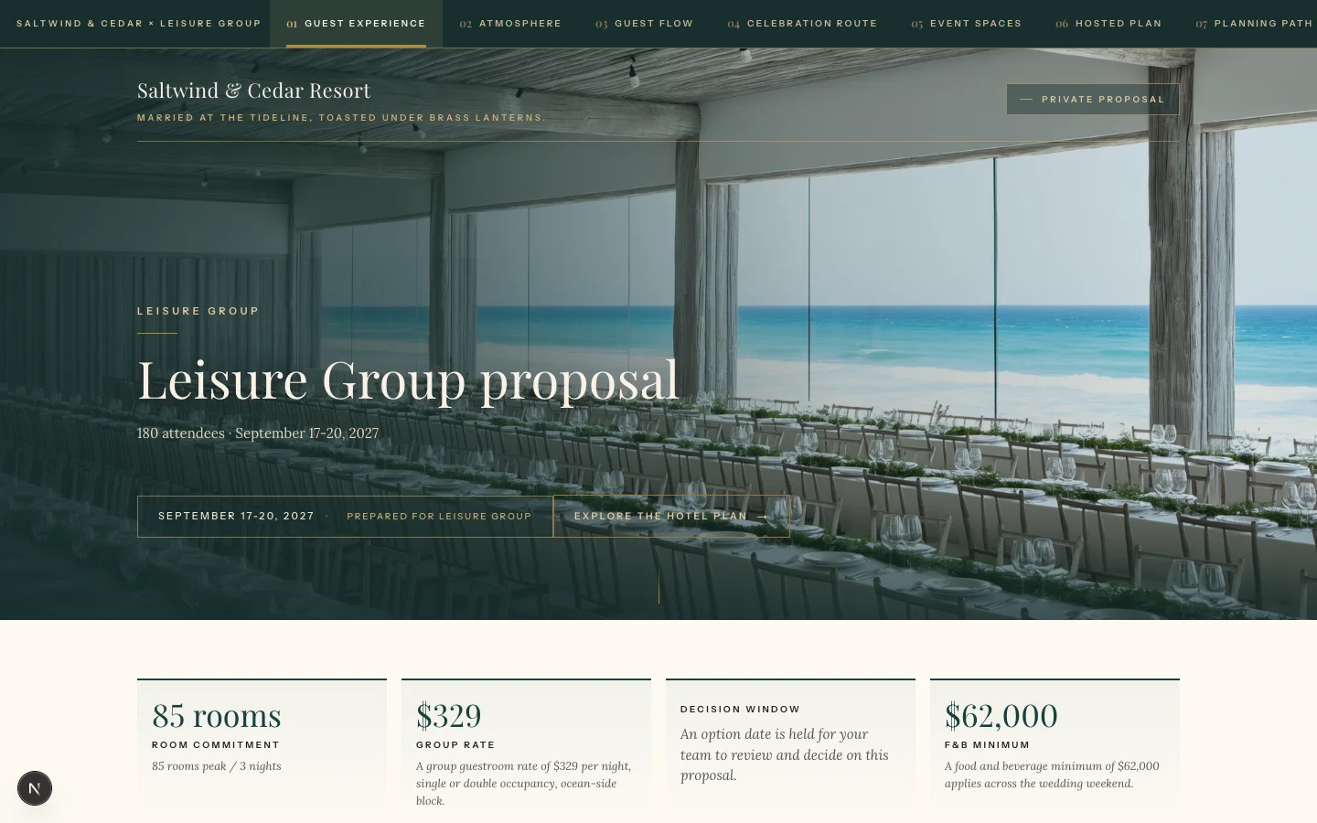 A proposal page wearing the Saltwind & Cedar skin: coastal palette, serif display, oceanside hero