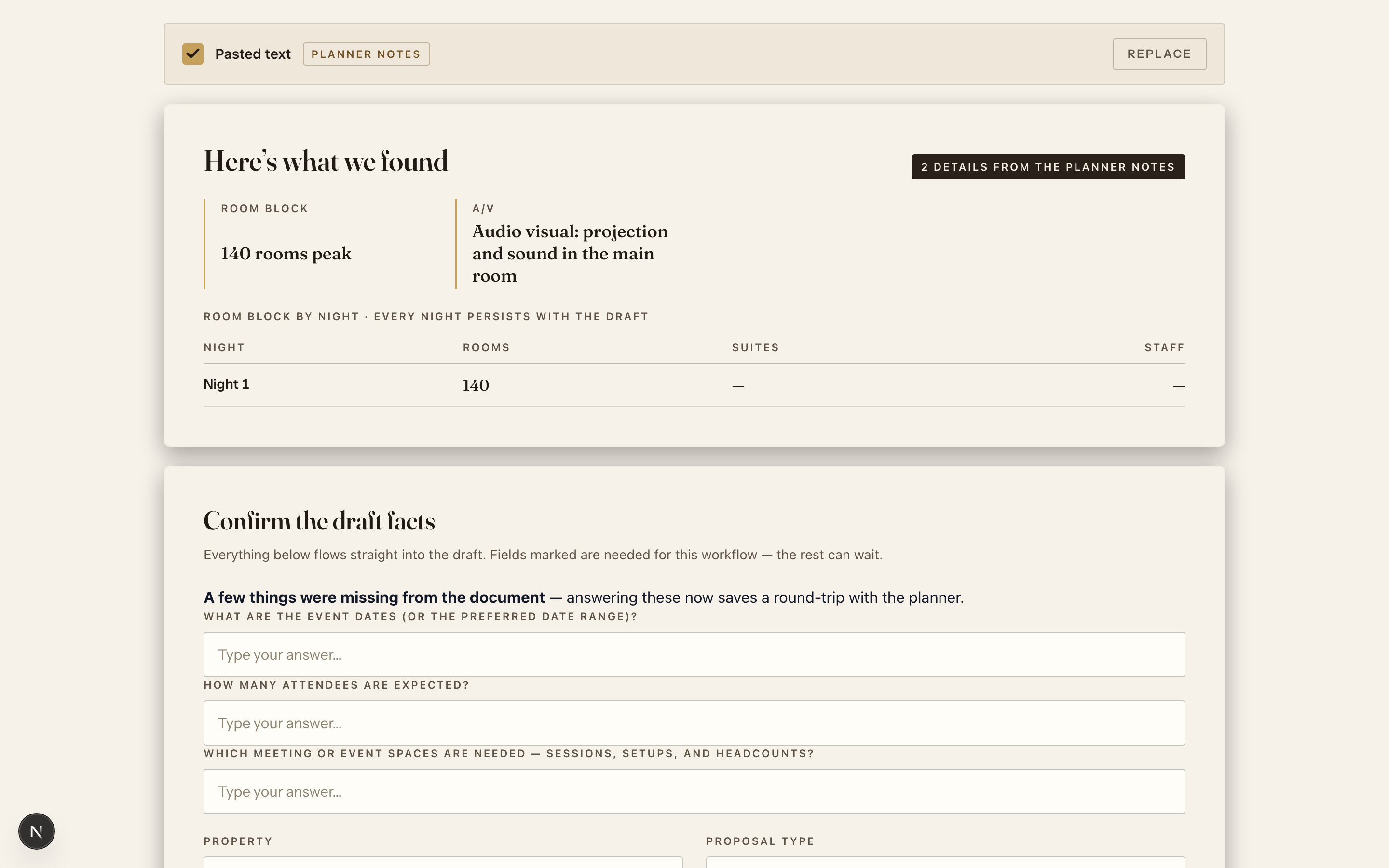 The parse-review screen: a "Here's what we found" summary of room block and audio-visual details from the pasted RFP, above a "Confirm the draft facts" form with follow-up questions