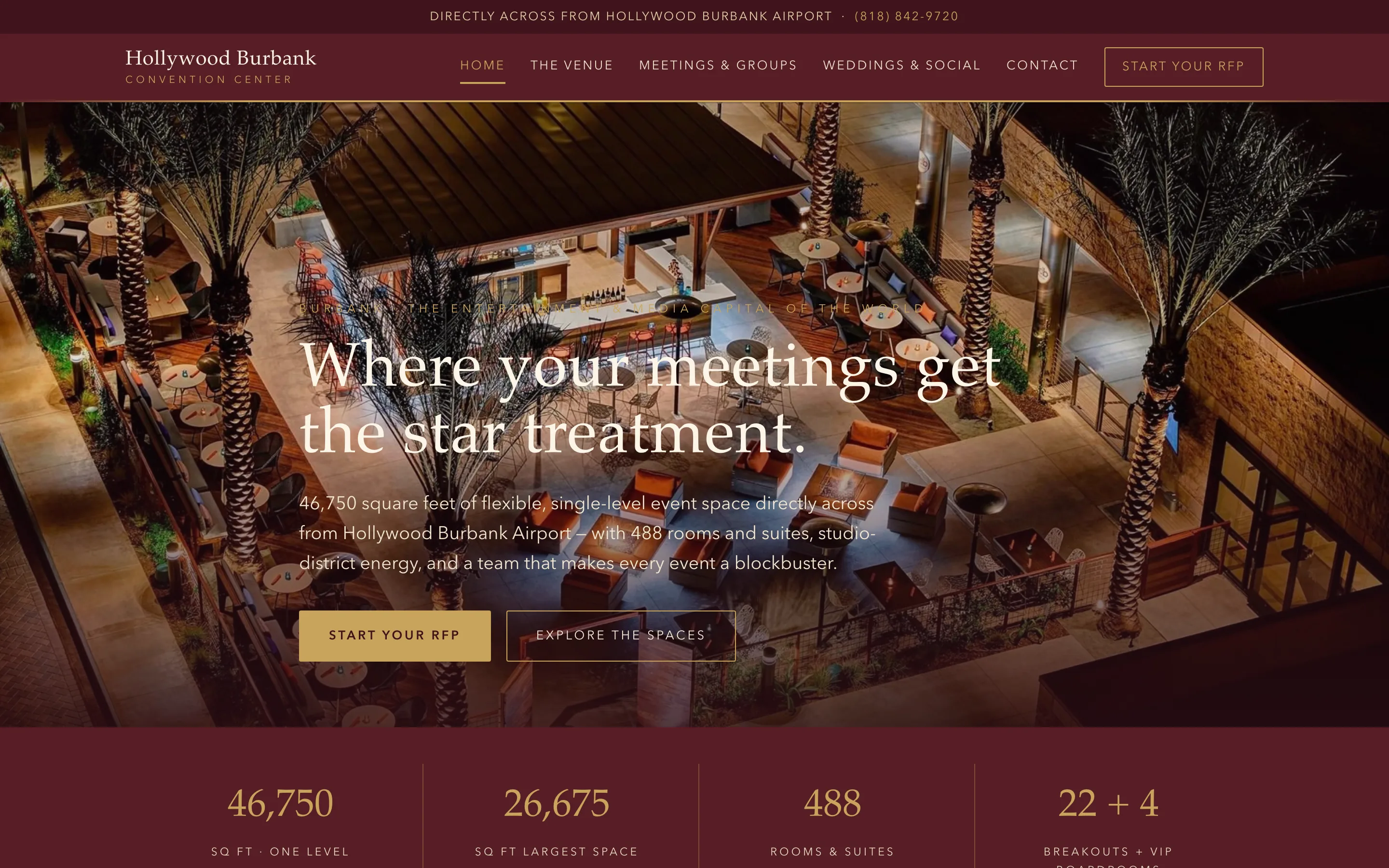The live reference website: Hollywood Burbank Convention Center at the Los Angeles Marriott Burbank Airport, with venue navigation, an RFP call-to-action, and the property's event-space figures