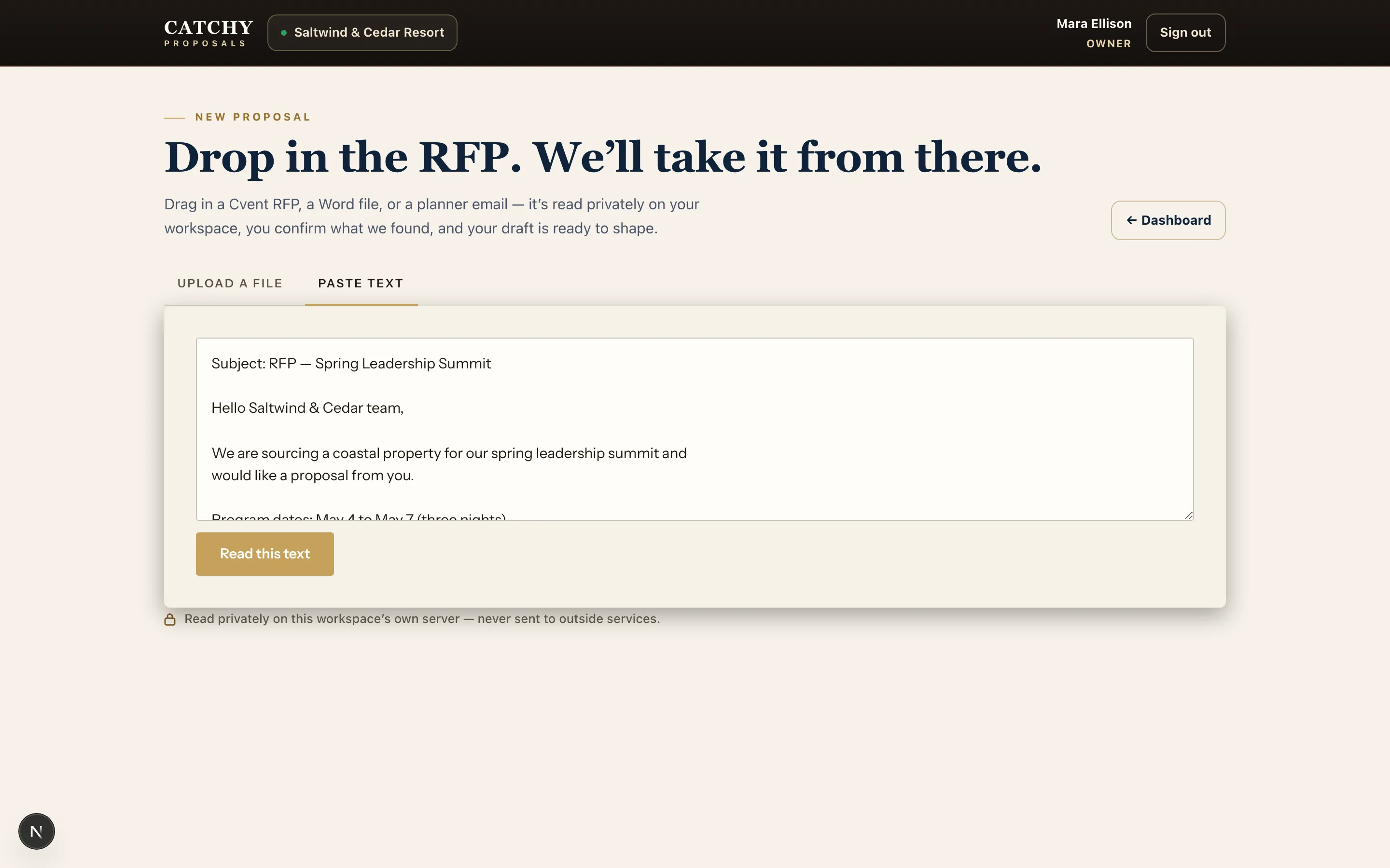 Real product capture: the RFP intake screen with a planner RFP pasted in, ready to read
