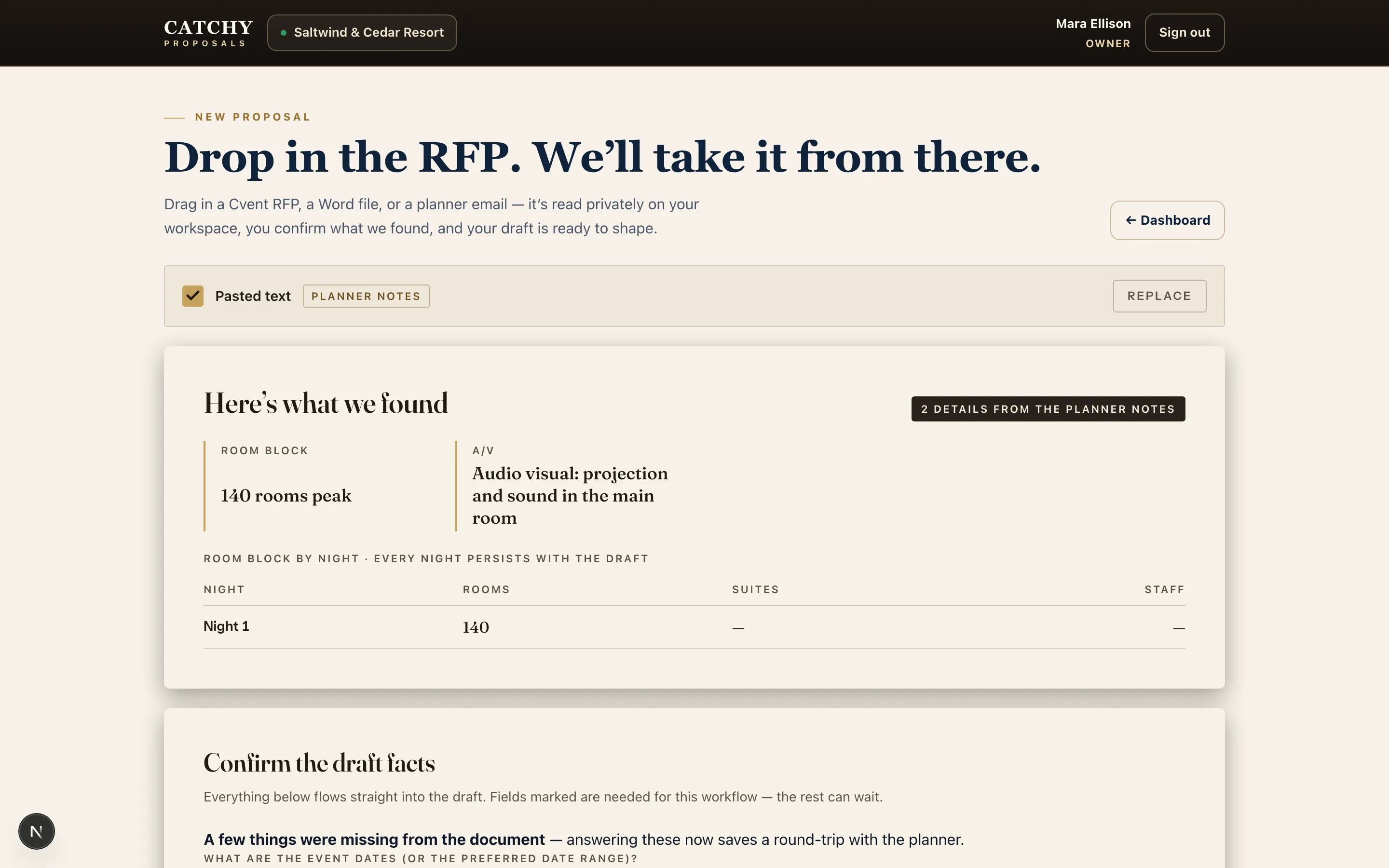 Real product capture: the parsed RFP with room block and requirements extracted into confirmable draft facts