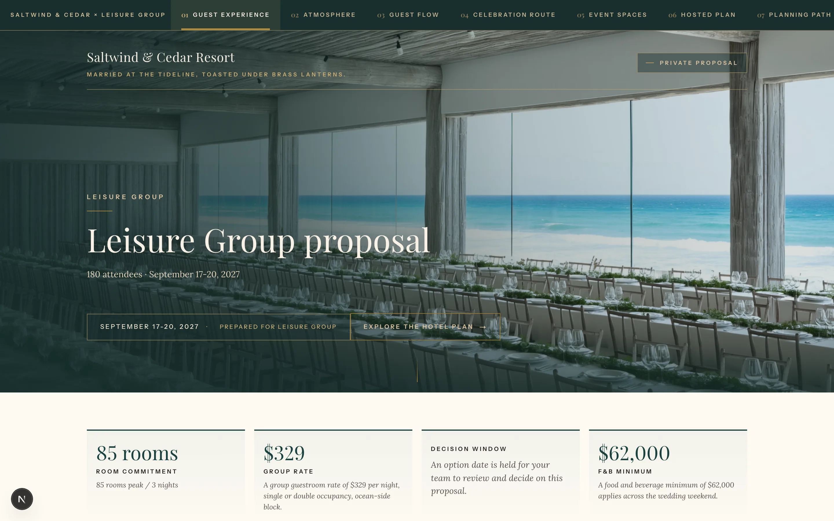 Real product capture: the live buyer room the planner receives, rendered in the hotel's branding